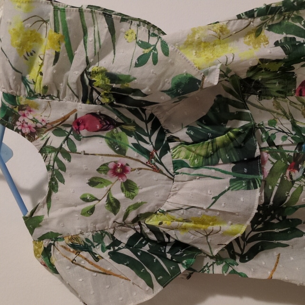 Nanos White Floral Open Rear Buttons Ruffle Dress with Bird Print 3